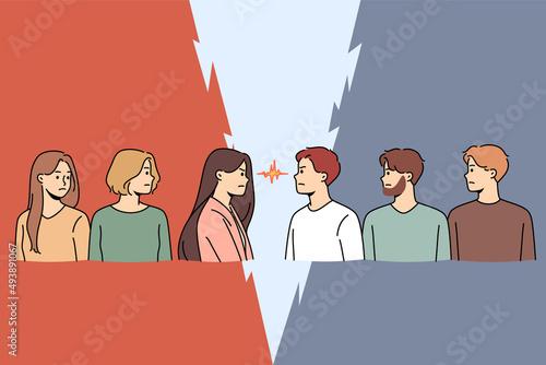 Angry men and women look in eyes stand opposite. Determined mad male and female rivals or competitors oppose. Concept of gender confrontation and opposition. Vector illustration. 