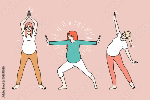 Active pregnant women do morning exercises follow healthy lifestyle. Energetic sportive girl enjoy pregnancy do sports train or workout. Pilates and stretching. Motherhood. Vector illustration. 