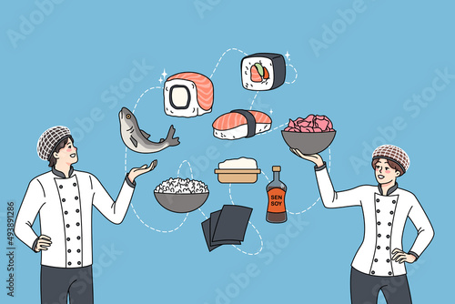 Professional chef cooking rolls and sushi for restaurant menu. Diverse people cooks prepare Japanese traditional dish. Seafood japan cuisine. International culture. Vector illustration. 
