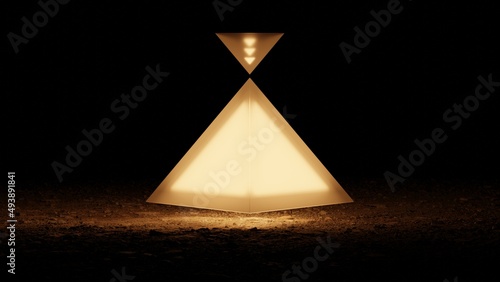 Luminous pyramid hovering above the ground 3d rendering