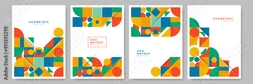 Modern abstract geometric poster cover. Minimal retro boho bauhaus composition shapes design. Colorful geometric background. Vector illustration.