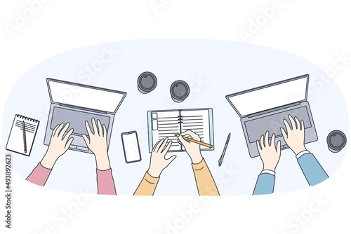 Teamwork and freelance work concept. Top view of human hands working on laptops together typing printing making notes with coffee vector illustration 