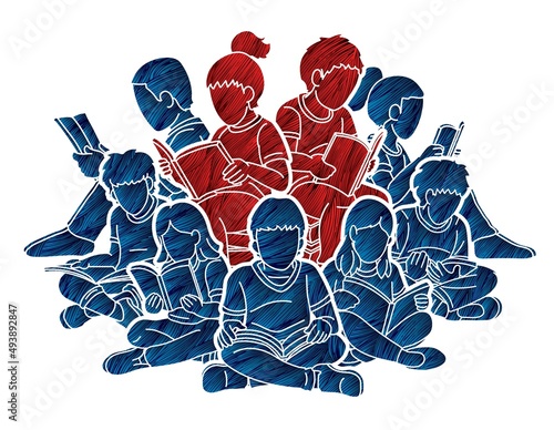 Group of Children Reading Books Cartoon Graphic Vector 