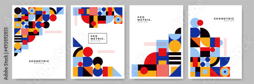 Modern abstract geometric poster cover. Minimal retro boho bauhaus composition shapes design. Colorful geometric background. Vector illustration.