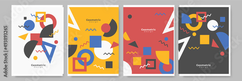 Modern abstract geometric poster cover. Minimal retro boho bauhaus composition shapes design. Colorful geometric background. Vector illustration.