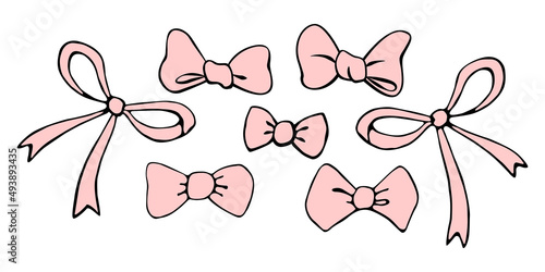 Set of vector pink bows, ribbons. Doodles, hand drawn. Simple clip art for Easter xmas birthday Valentines Day, girls design