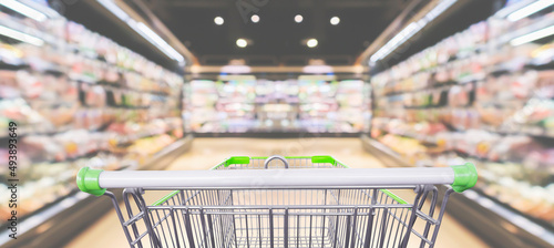 empty shopping cart in supermarket grocery store background