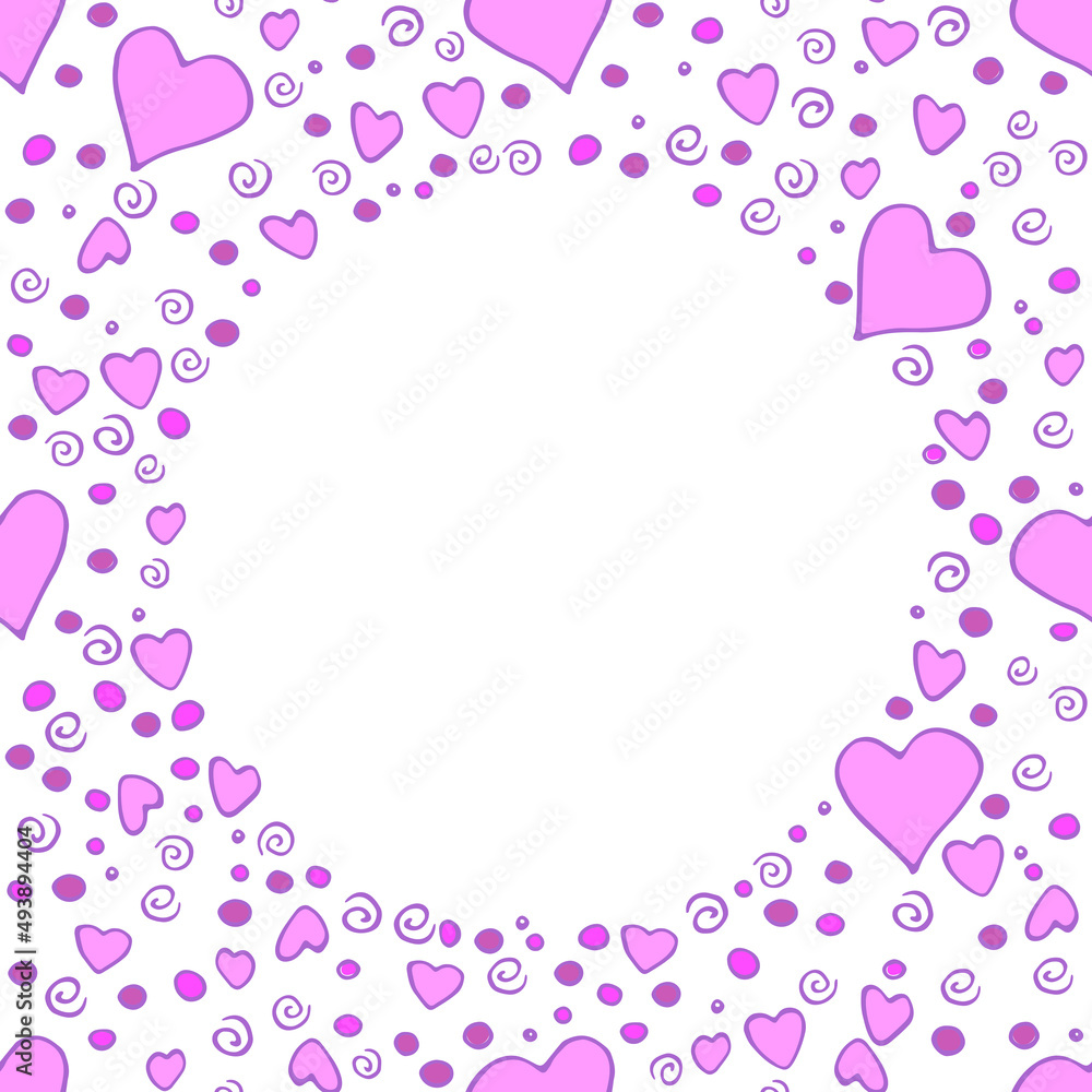 Vector frame, border from outline colorful elements hearts points drops spirals. Simple romance background, decoration, symbol of love in doodle style