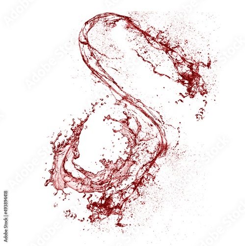 A swirling splash of red liquid. A spiral of water with splashes on a white background. A splash of wine or blood