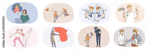 Set of male and female workers with occupations. Collection of diverse people and professions or jobs. Call canter agent, housekeeper and mechanic. Dancer, policeman, engineer. Vector illustration. 