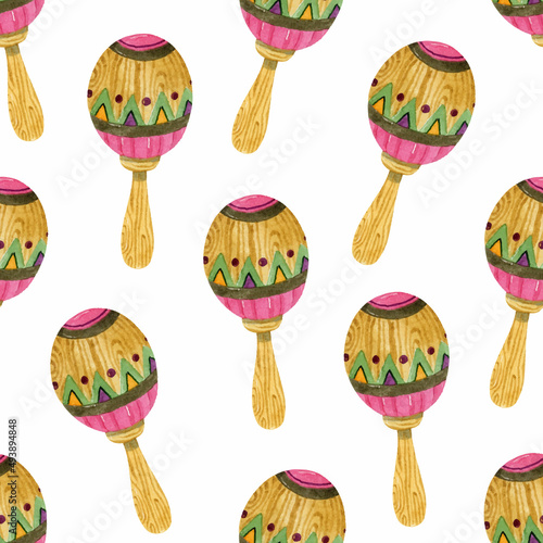 Watercolor maracas seamless pattern Mexican wallpaper 