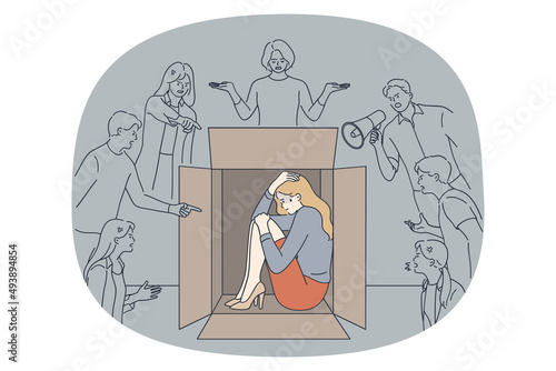 Bullying and public opinion concept. Young stressed woman hiding in box trying to het rid of people bullying and public opinion vector illustration 