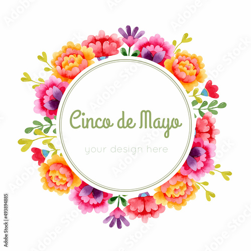 Round floral colorful watercolor frame greeting card 