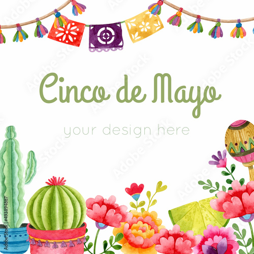 Cinco de Mayo watercolor frame Mexican style decoration 