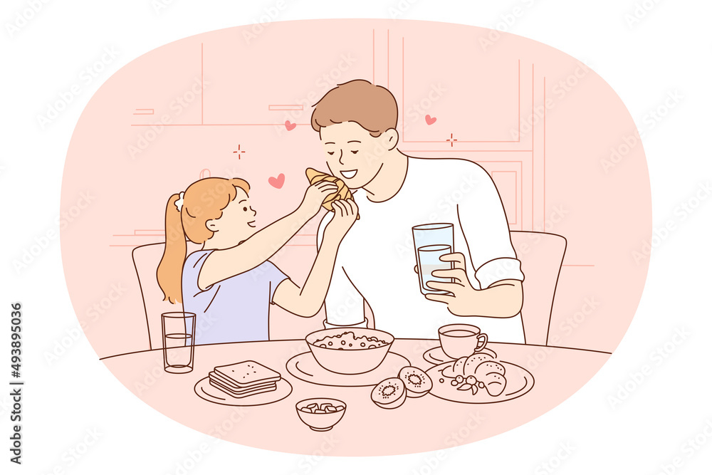 Having meal with family concept. Happy smiling father and daughter sitting and eating croissants and healthy breakfast together vector illustration Having meal with family concept. Happy smiling father and daughter sitting and eating croissants and healthy breakfast together vector illustration