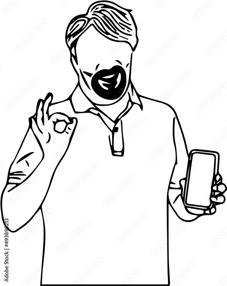 Line art illustration of man showing mobile with thumbs up, Outline sketch drawing of man with mobile for print ad designing
