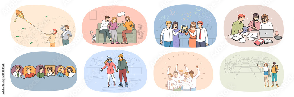 © Dzianis Vasilyeu - Set of happy millennial friends students enjoy college life study and relax together. Collection of smiling young people have fun communicate rest on weekend. Campus friendship. Vector illustration.