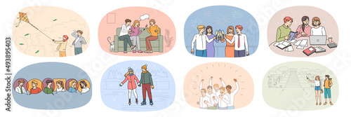 Set of happy millennial friends students enjoy college life study and relax together. Collection of smiling young people have fun communicate rest on weekend. Campus friendship. Vector illustration. 