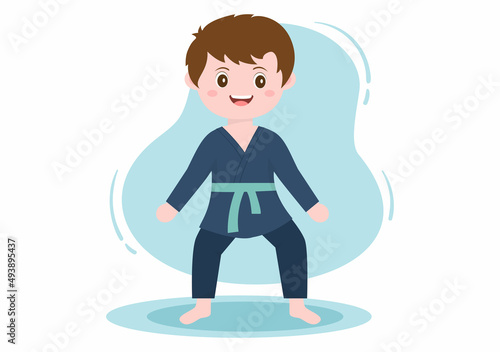 Cute Cartoon Kids Doing Some Basic Karate Martial Arts Moves, fighting Pose and Wearing Kimono in Flat Style Background Vector Illustration