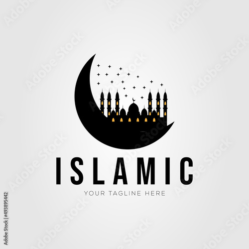 silhouette islamic mosque on moon logo vector illustration design