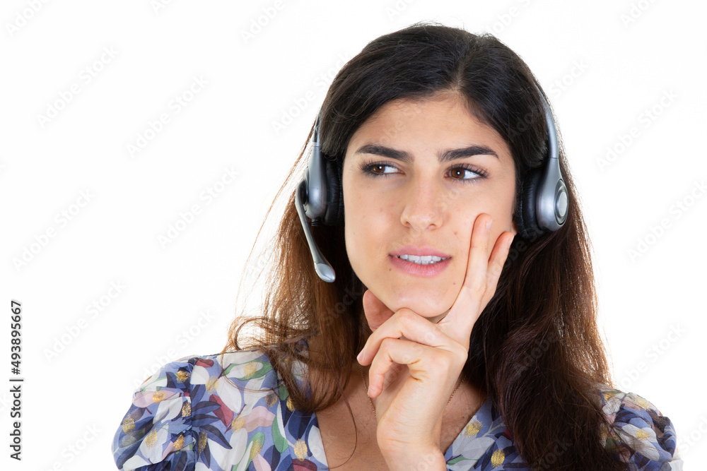call center consultant woman with head set phone headset in white background call center consultant woman with head set phone headset in white background