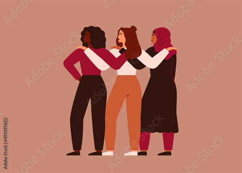 Young women of different ethnicity has their arms around each other's shoulders. Strong and brave girls support and protect one another. Feminism and females friendship poster. Vector illustration
