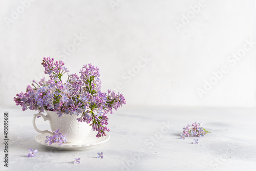 A porcelain cup with lilac flowers in it. Home decoration. Springtime vibes. Tender floral greeting card, poster, invitation design, background. Copy space. Floral shop.