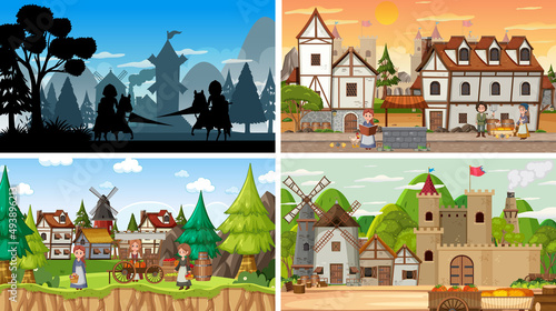 Set of different scene medieval with silhouette