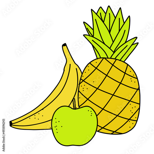 Vector cute pineapple, banana and apple. Doodle on an isolated background. Print food, banner fruits, kithen brochure.