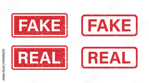 Fake and Real word grunge rubber stamp for media and documents. Fake and Real sign sticker. Symbol of truth and lies. Grunge red vintage square label. Vector illustration isolated on white background.