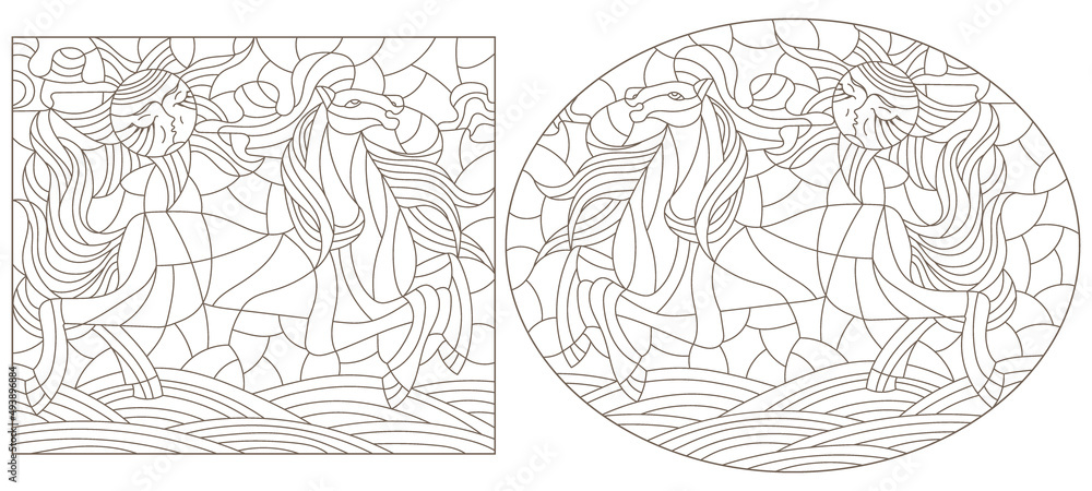 A set of contour illustrations in the style of stained glass with abstract horses, dark contours on a white background