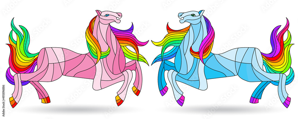 A set of illustrations in the style of stained glass with abstract horses, animals isolated on a white background