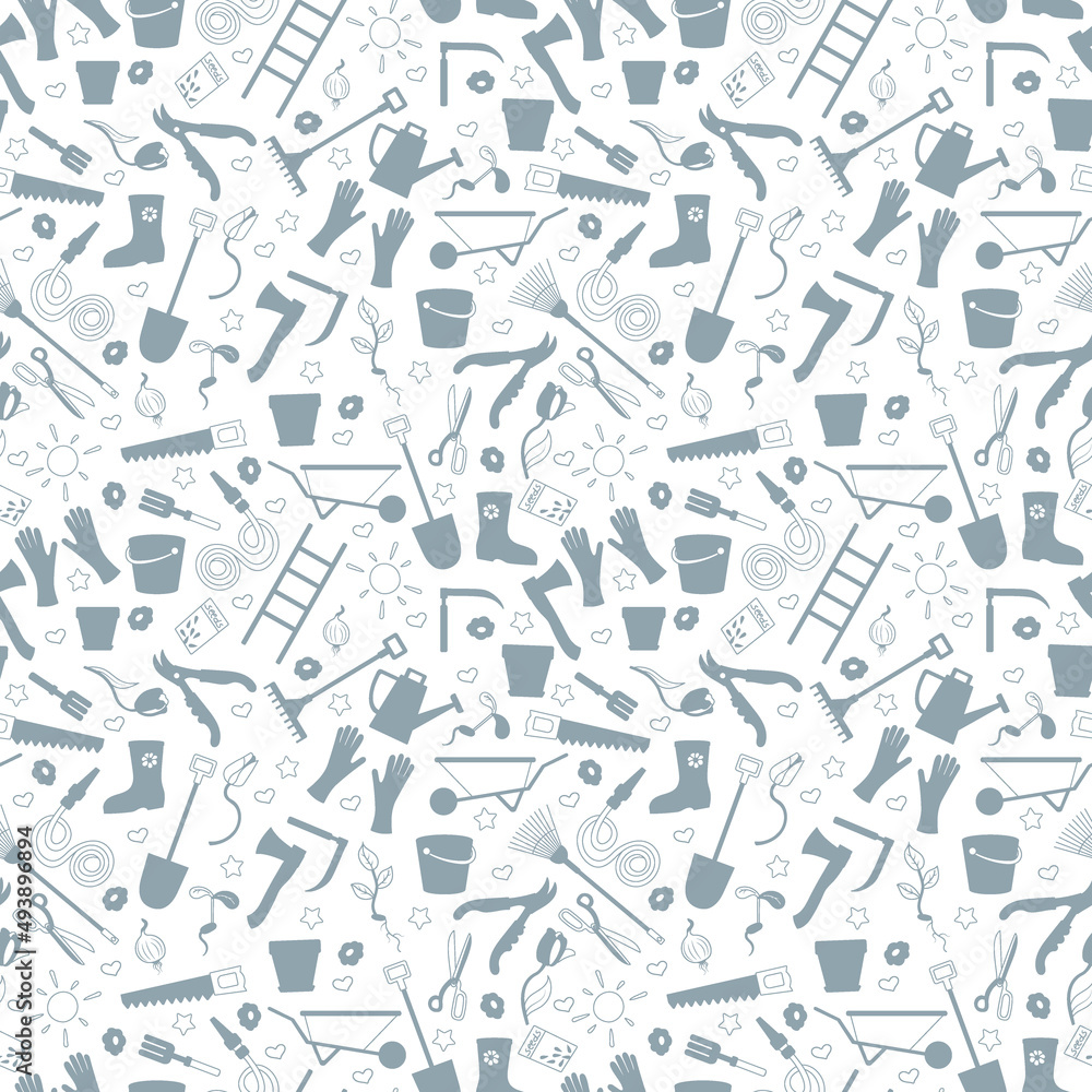 Seamless pattern on the theme of the garden , planting and growing harvest, a simple contour icons , grey silhouettes icons on a white background