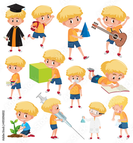 Set of boys doing activitys on white  background