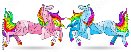 A set of illustrations in the style of stained glass with abstract horses, animals isolated on a white background