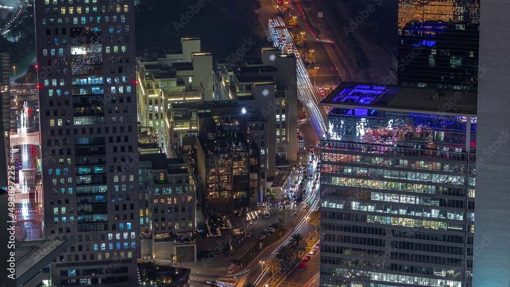 Office skyscrapers in financial district aerial night timelapse
