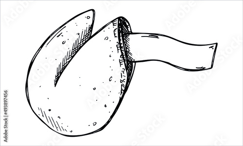 Vector hand drawn chinese fortune cookies isolated on white backgrounds. Food illustration. Crisp cookie with a blank piece of paper inside. For print, web, design, decor, logo.