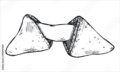 Vector hand drawn chinese fortune cookies isolated on white backgrounds. Food illustration. Crisp cookie with a blank piece of paper inside. For print, web, design, decor, logo.