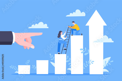Business mentor helps to improve career and holding stairs steps vector illustration. Mentorship, upskills, climb help and self development strategy flat style design business concept.