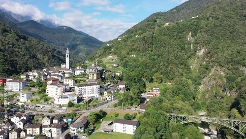 Scenic aerial view of Swiss hamlet of Intragna in Centovalli valley in Alpine highlands in summertime, Locarno district, canton Ticino  photo