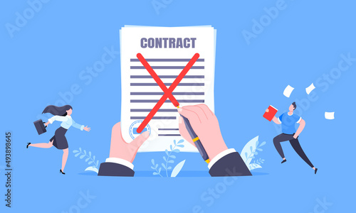 Contract cancellation business concept. Terminated tearing contract paper sheet breach flat style design vector illustration. Business people running toward giant hands with tearing contract papers.