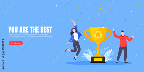 Employee recognition or proud workers of the month business concept flat style design vector illustration. Young adult people jump in the air with trophy cup.