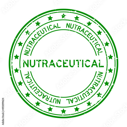 Grunge green nutraceutical word with star icon round rubber seal stamp on white background