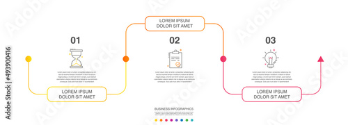 Vector line infographics with 3 options. Business timeline template with three steps and icons. Graphic timeline for a project on white background