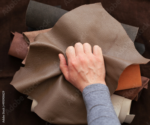 Professional crafter choosing cow leather in roll for making leather items
