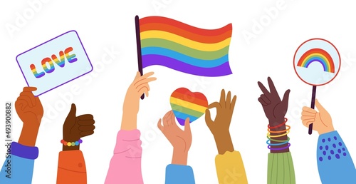 Lgbtq banner. Gay community, hands hold flag and rainbow heart. Lgbt crowd protest, love and romantic parade. Pride together, support decent vector concept