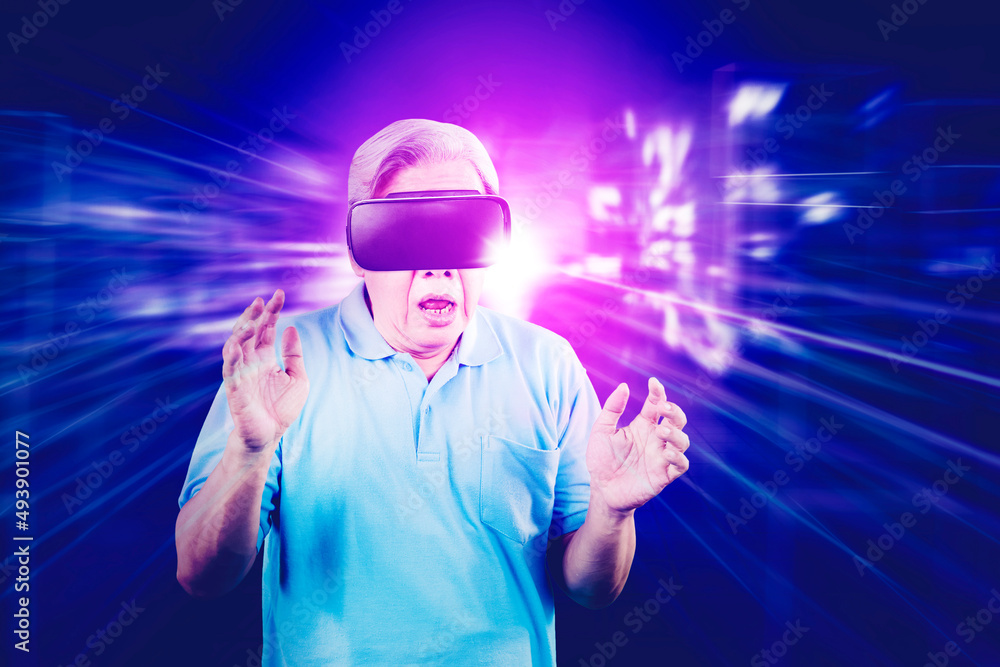 Shocked old man playing games in the metaverse Shocked old man playing games in the metaverse