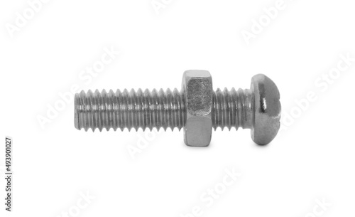 Metal carriage bolt with hex nut isolated on white