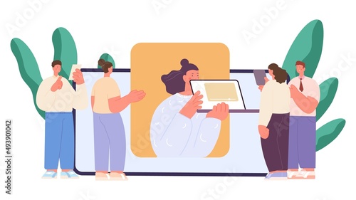 Business meeting online. People group look at woman on smartphone screen. Influencer or online marketing, vector management concept