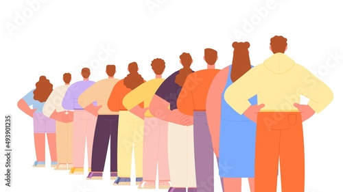 Isolated people crowd standing in line. Queue group backs stand. Person wait entrance with QR code for shopping or in airport, bank, cafe, store, vector scene